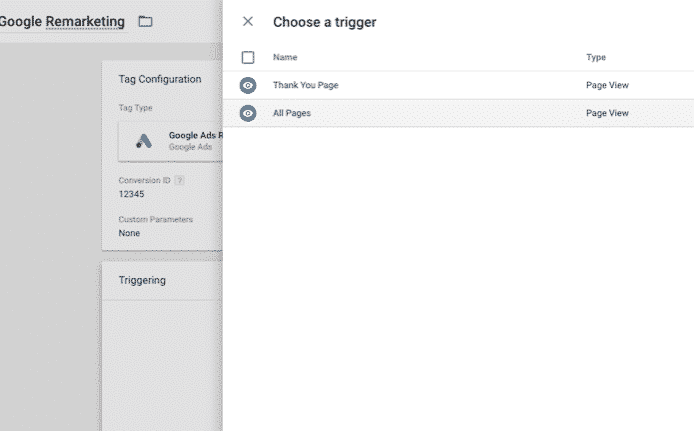 Sélectionnez un déclencheur Tag Manager pour la balise remarketing Google ADS