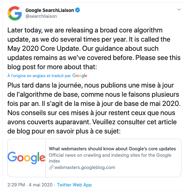 Mise a jour Google Core Update mai 2020